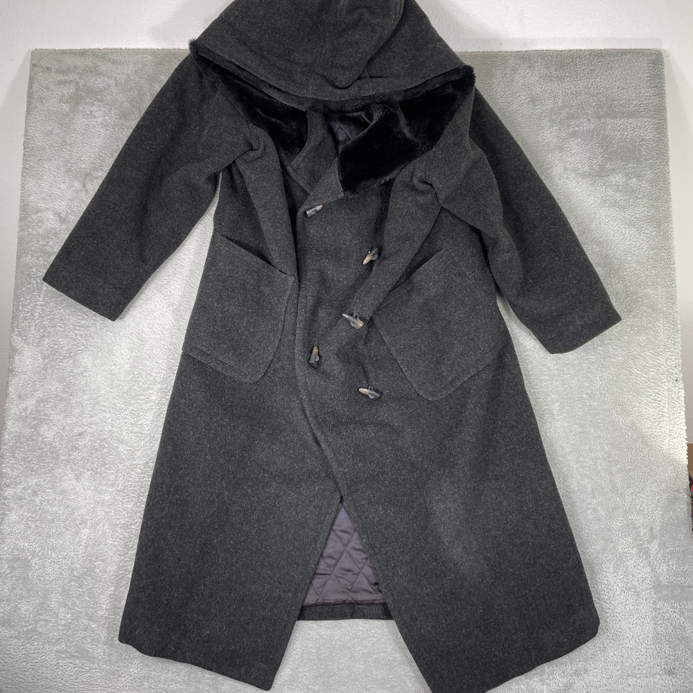 Vintage LL Bean Duffle Coat Womens 14 Gray Wool Hooded Toggle Faux Fur USA Made